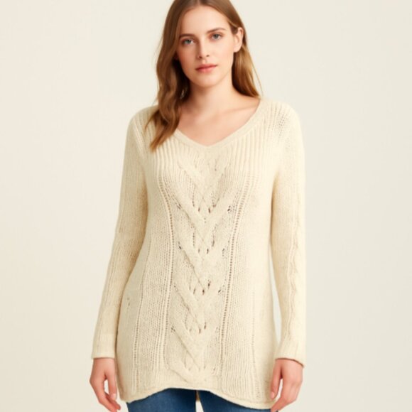 J. Jill Sweaters - J. Jill SZ L Wool Alpaca Blend V Neck Cable Knit Tunic Length Fisherman Sweater